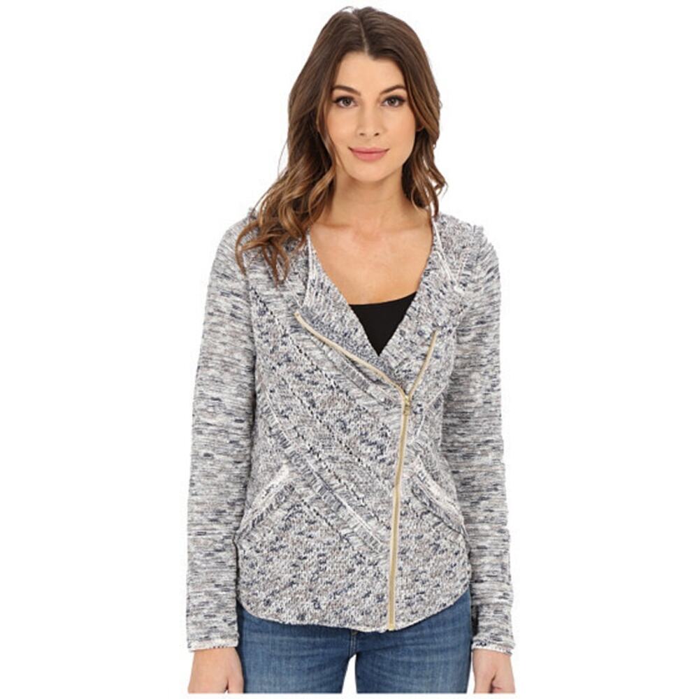 Lucky Brand Women's Moto Fringe Sweater Jacket Blue White Gold Size Small